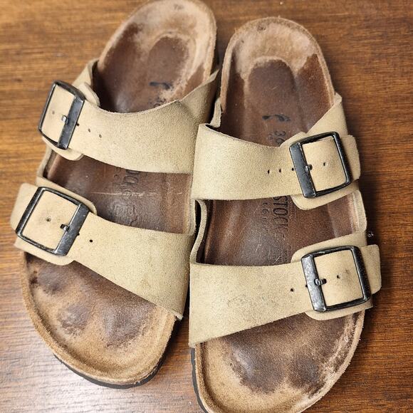 Birkenstock Arizona soft suede tan khaki beige double strap slip on sandals EU36 - Picture 2 of 4